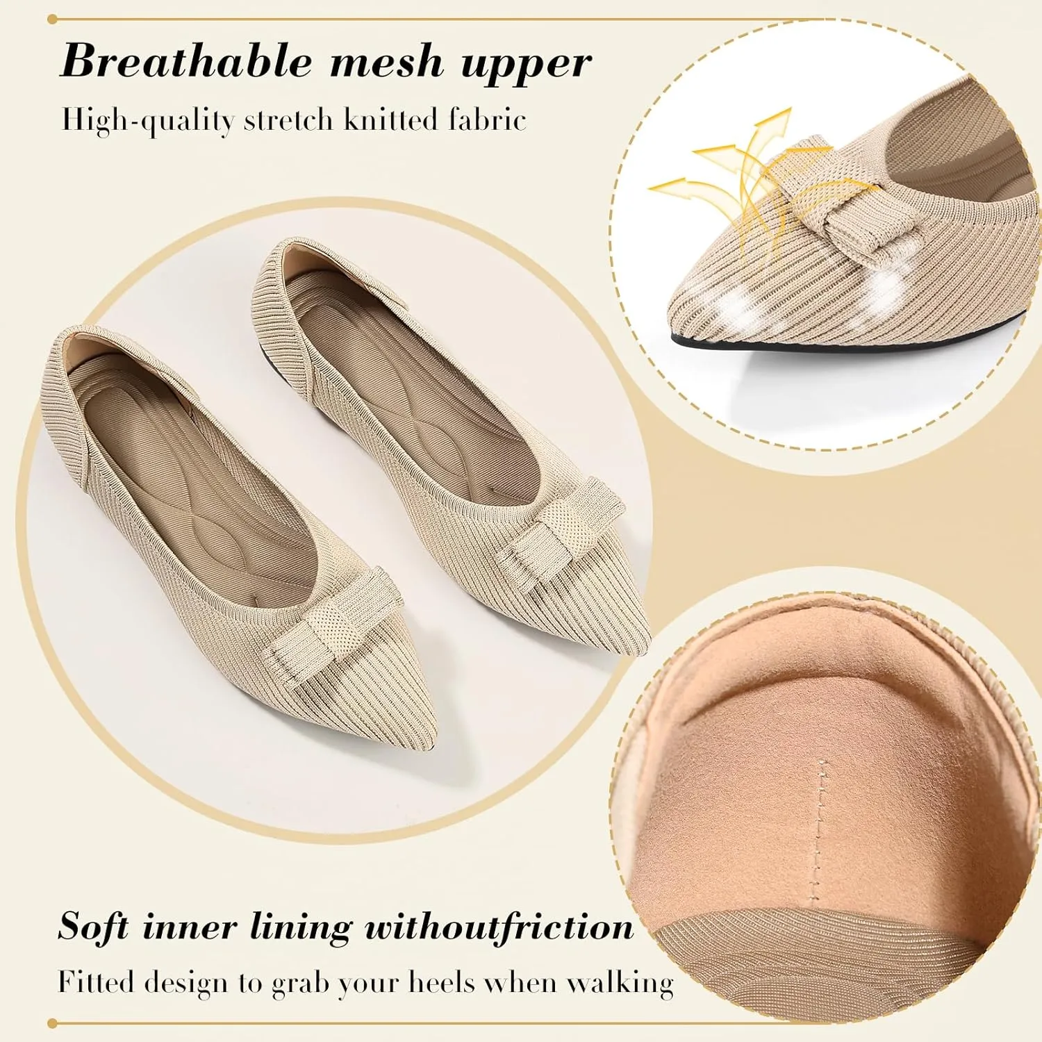 Women's Flats Pointed Toe Ballet Shoes with Bow Comfortable Knit Dressy Flat
