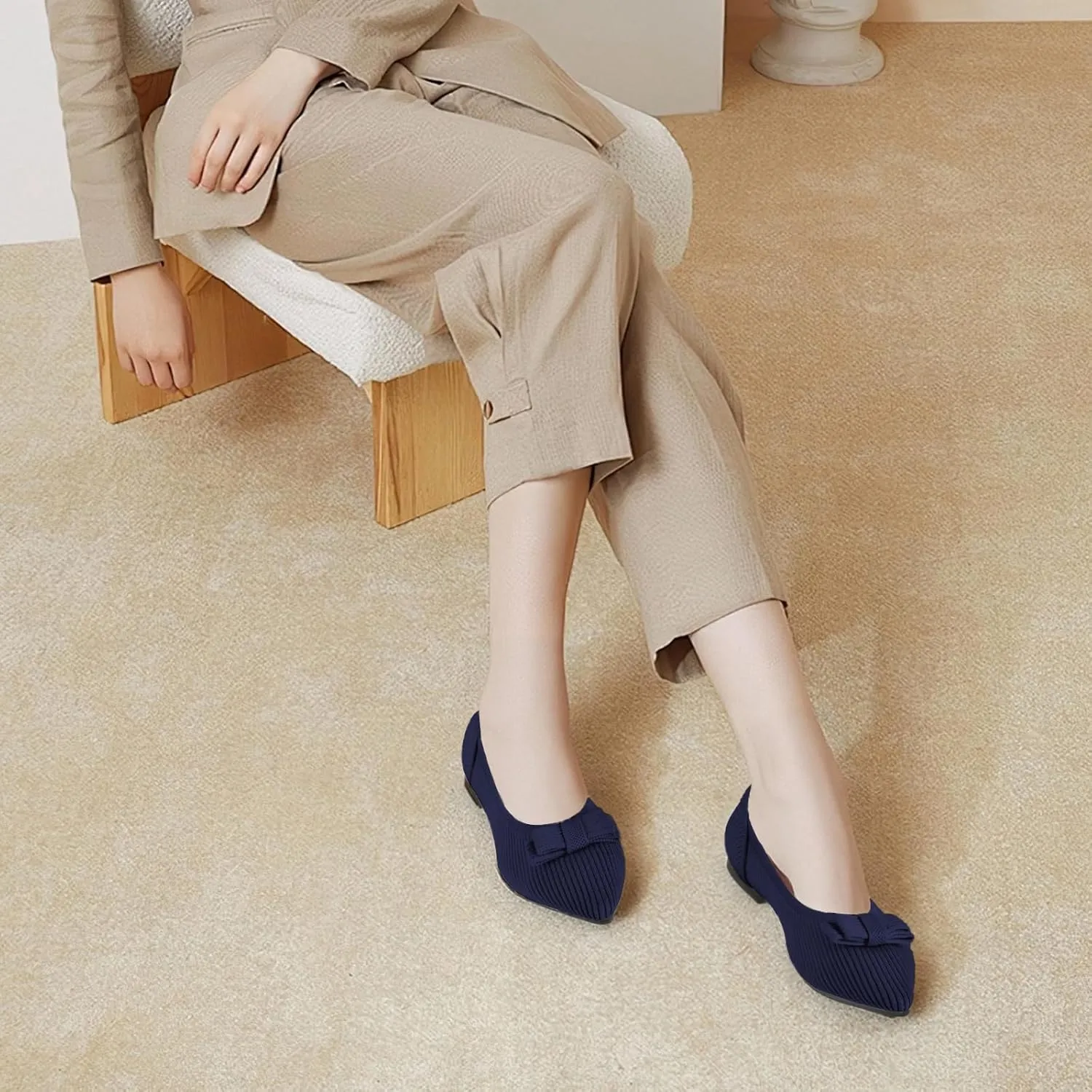 Women's Flats Pointed Toe Ballet Shoes with Bow Comfortable Knit Dressy Flat