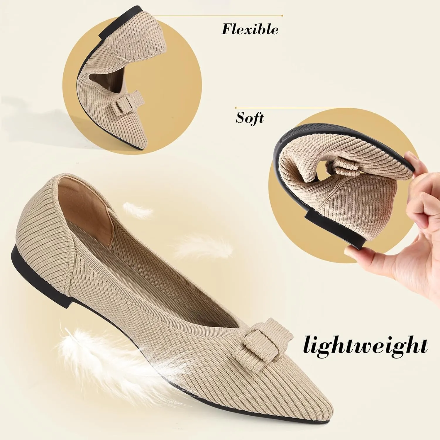 Women's Flats Pointed Toe Ballet Shoes with Bow Comfortable Knit Dressy Flat