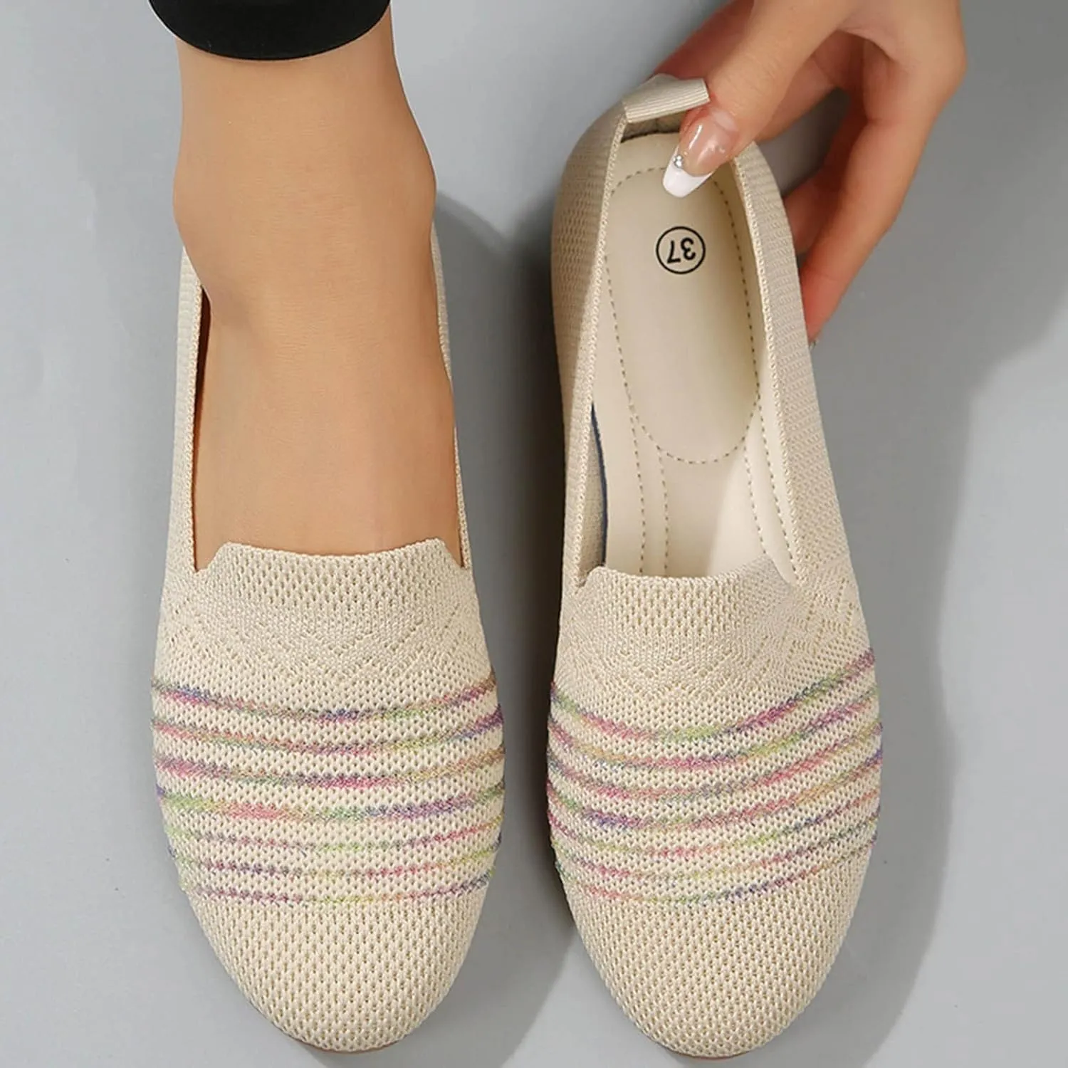 Women's Flats Shoes Ballet Flats Knitted Dress Shoes Knit Flat Shoes for Women Square Toe Flats for Women