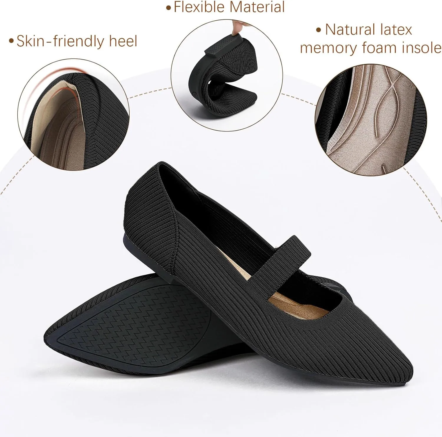 Women's Flats Shoes Pointed Toe Knit Washable Ballet Comfortable Dressy Mary Jane Flat
