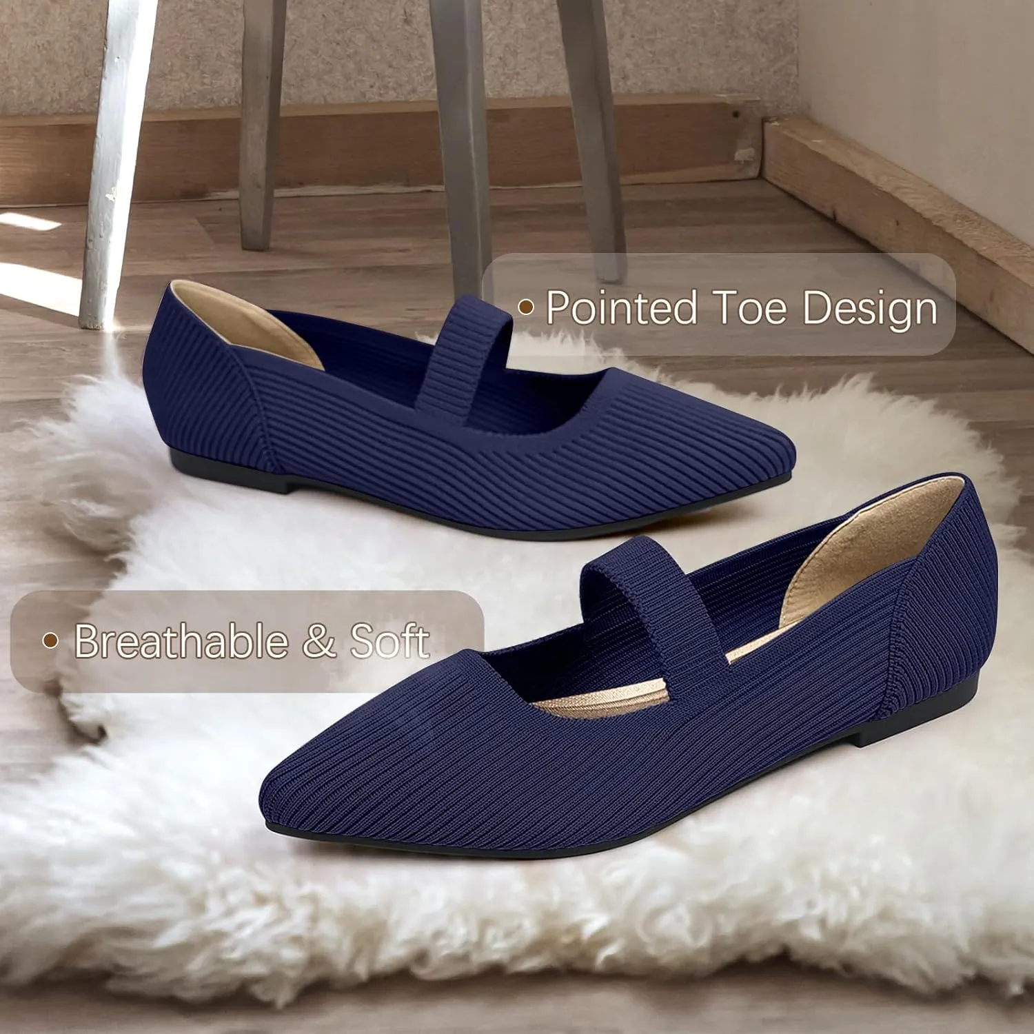 Women's Flats Shoes Pointed Toe Knit Washable Ballet Comfortable Dressy Mary Jane Flat