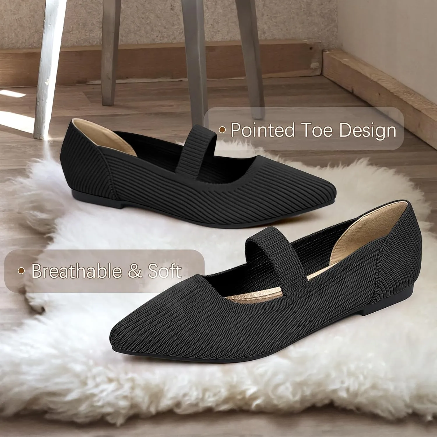Women's Flats Shoes Pointed Toe Knit Washable Ballet Comfortable Dressy Mary Jane Flat