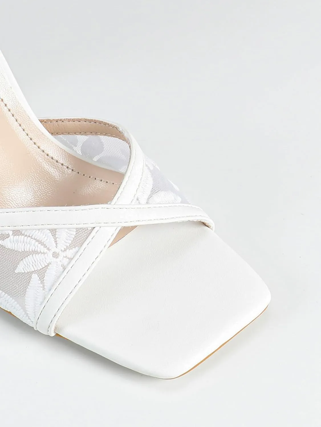 Women's Floral Embroidered High Heel Sandals – Elegant Mesh & Leather Bridal Shoes with Adjustable Ankle Strap, Comfortable Block Heel Wedding Sandals for Brides & Formal Events
