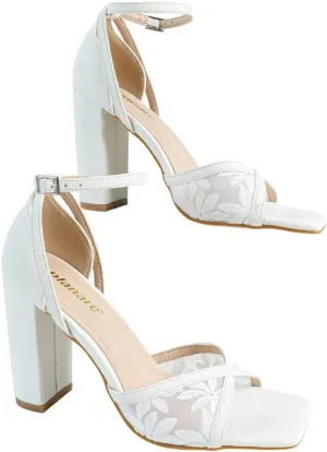 Women's Floral Embroidered High Heel Sandals – Elegant Mesh & Leather Bridal Shoes with Adjustable Ankle Strap, Comfortable Block Heel Wedding Sandals for Brides & Formal Events