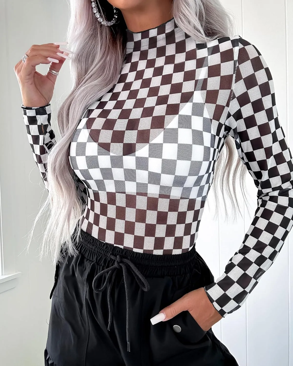 Womens Floral Mesh Top Mock Neck Long Sleeve Slim Fit See Through Shirt Blouses Tops