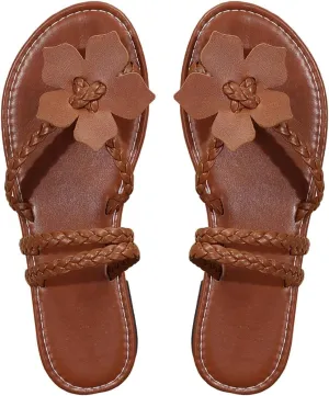 Women's Flower Sandals Braided Toe Post Flat Sandals Open Toe Cross Strappy Boho Sandals Slide Shoes