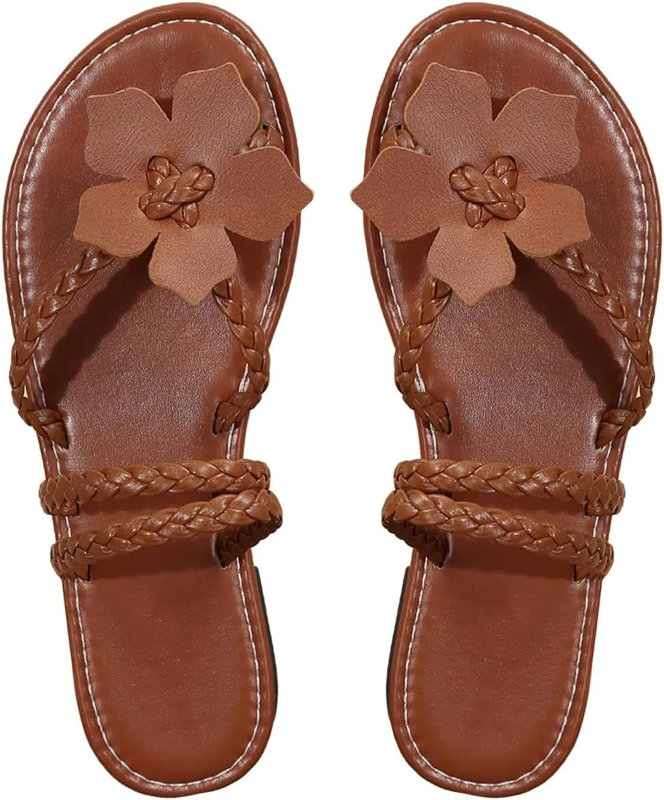 Women's Flower Sandals Braided Toe Post Flat Sandals Open Toe Cross Strappy Boho Sandals Slide Shoes