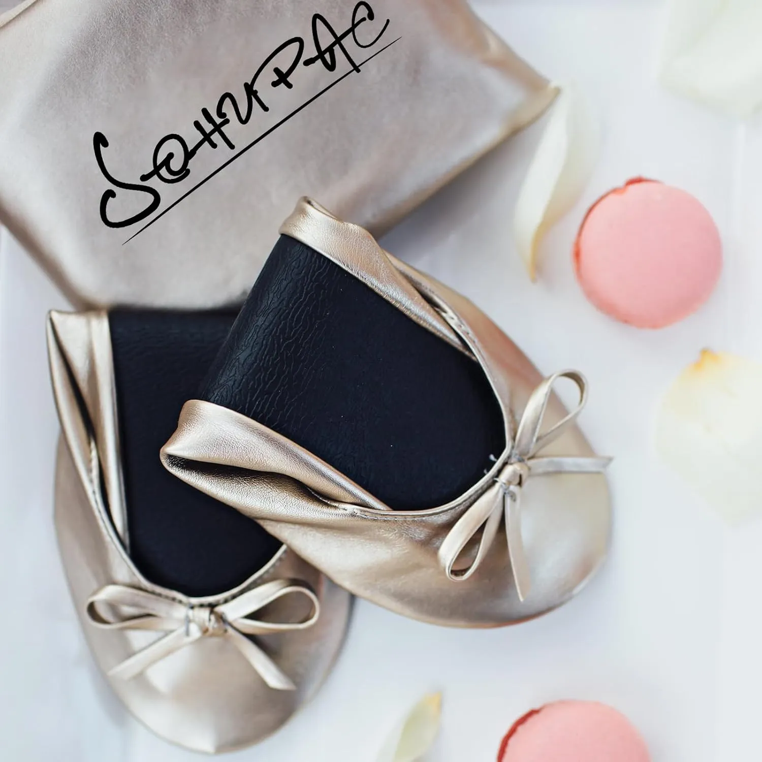 Women's Foldable Flats, Portable Ballet Flat Roll Up Slipper Shoes with Travel Pouch Bag for Ballerina Wedding