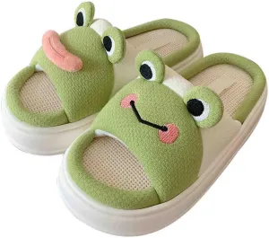 Womens Four Seasons Home Linen Slippers Cute Cartoon Animal Frog Shape Slippers Comfortable Bedroom Kawaii Cloud Slides