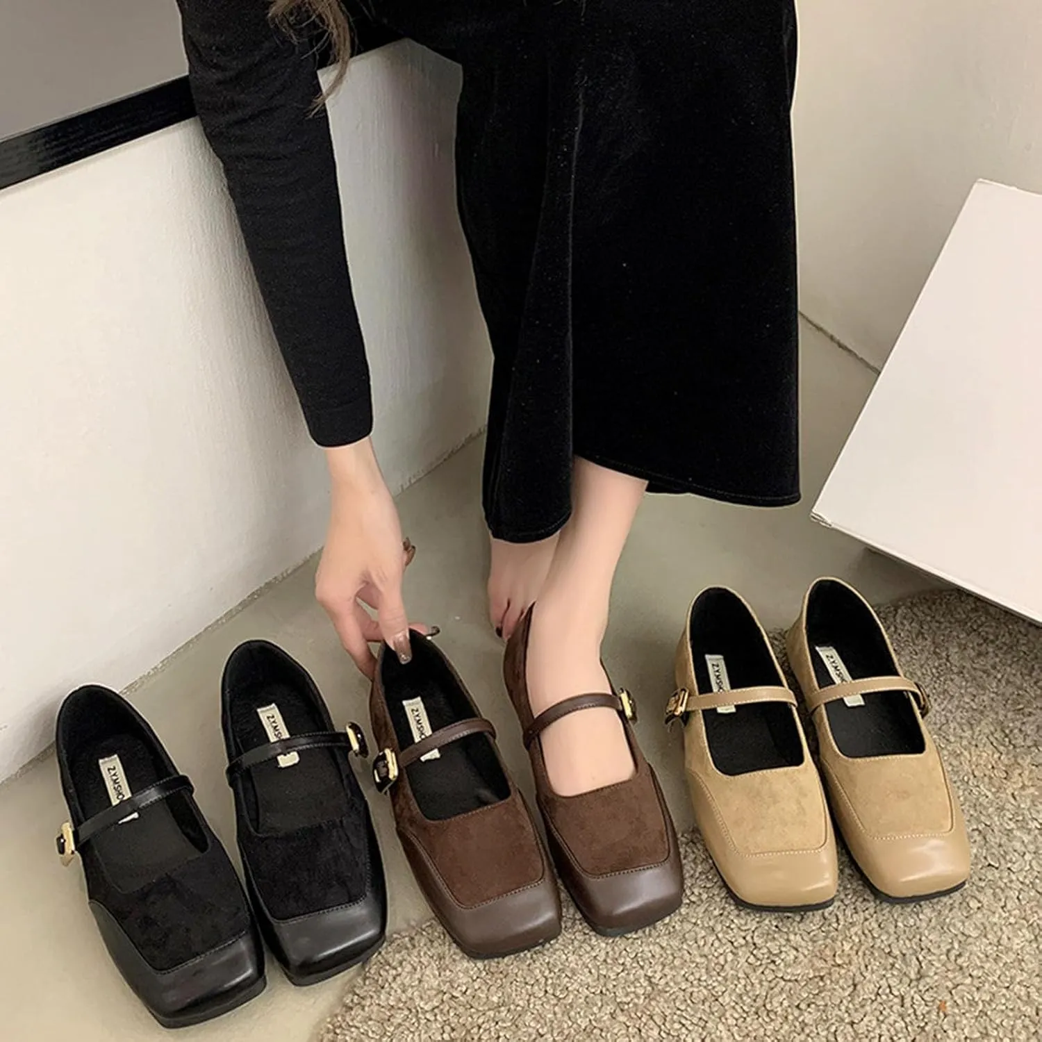 Women's French Comfortable Square Toe Flat Bottomed Mary Jane Shoes Classic Fashion Versatile Soft Retro Mary Jane Flats