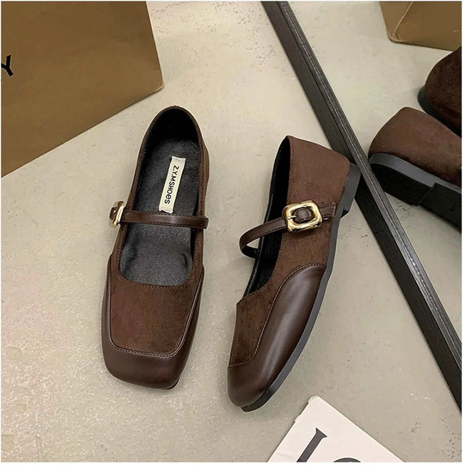 Women's French Comfortable Square Toe Flat Bottomed Mary Jane Shoes Classic Fashion Versatile Soft Retro Mary Jane Flats