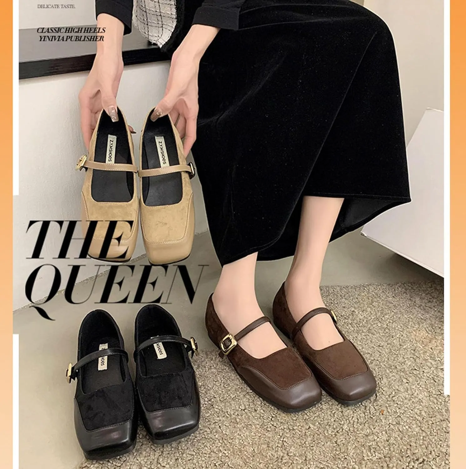 Women's French Comfortable Square Toe Flat Bottomed Mary Jane Shoes Classic Fashion Versatile Soft Retro Mary Jane Flats