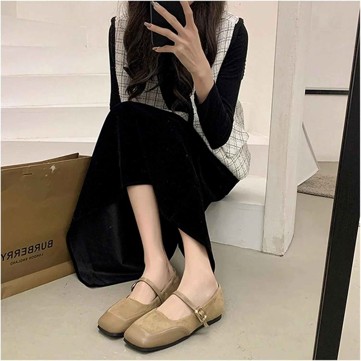 Women's French Comfortable Square Toe Flat Bottomed Mary Jane Shoes Classic Fashion Versatile Soft Retro Mary Jane Flats