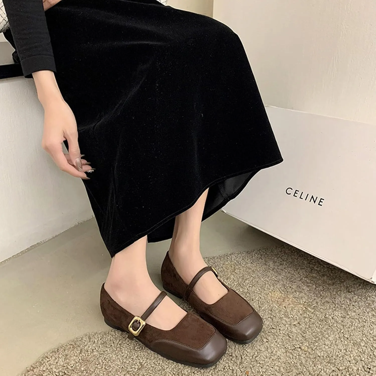 Women's French Comfortable Square Toe Flat Bottomed Mary Jane Shoes Classic Fashion Versatile Soft Retro Mary Jane Flats