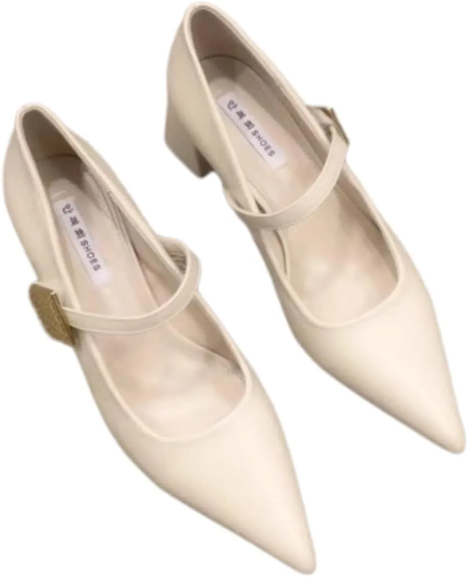 Women's French Style Pointed Toe Mary Jane Shoes - Vintage Chunky Heel Elegant High Heels with a Touch of Sophistication