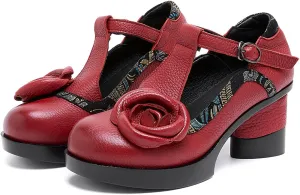 Women's Genuine Leather Mary Jane Chunky Heel Shoes Classic Round Toe Flowers T Strap Mid Block Heel Dress Pumps Grace Party Wedding Bridal Shoes
