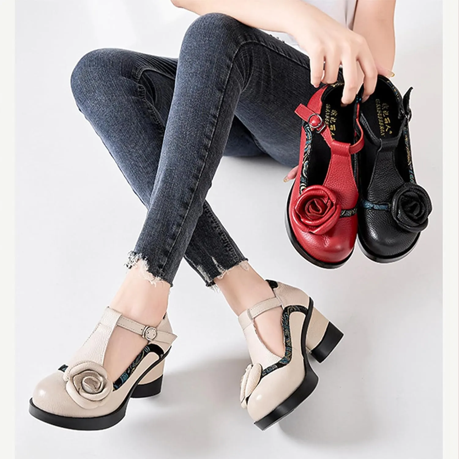 Women's Genuine Leather Mary Jane Chunky Heel Shoes Classic Round Toe Flowers T Strap Mid Block Heel Dress Pumps Grace Party Wedding Bridal Shoes