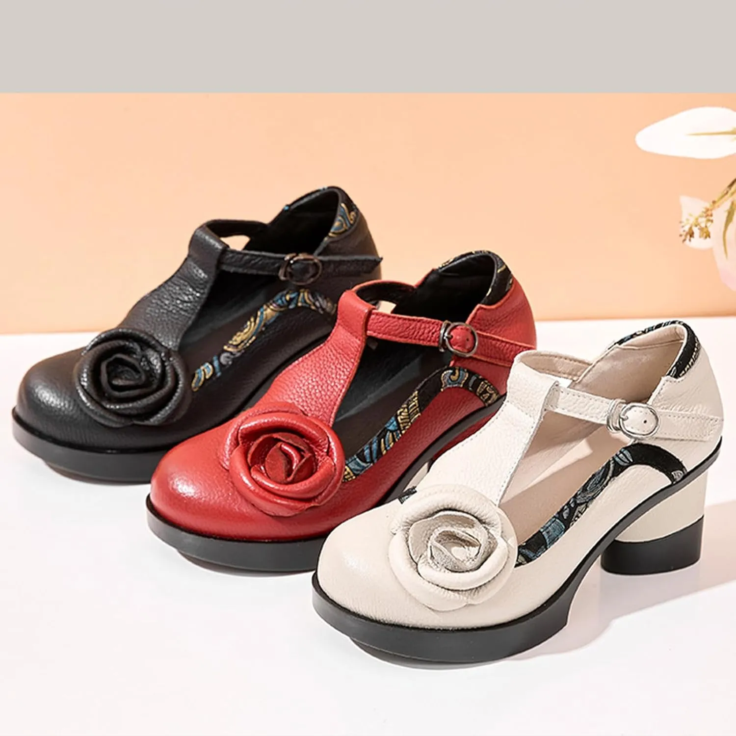 Women's Genuine Leather Mary Jane Chunky Heel Shoes Classic Round Toe Flowers T Strap Mid Block Heel Dress Pumps Grace Party Wedding Bridal Shoes