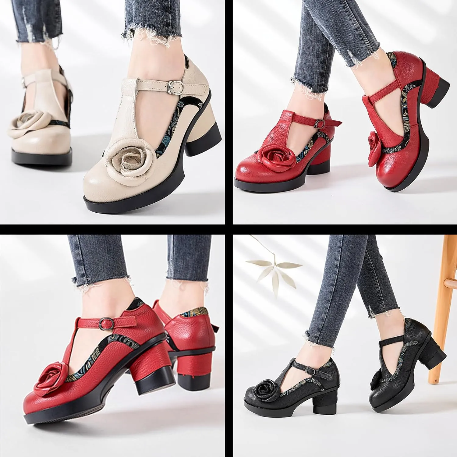 Women's Genuine Leather Mary Jane Chunky Heel Shoes Classic Round Toe Flowers T Strap Mid Block Heel Dress Pumps Grace Party Wedding Bridal Shoes