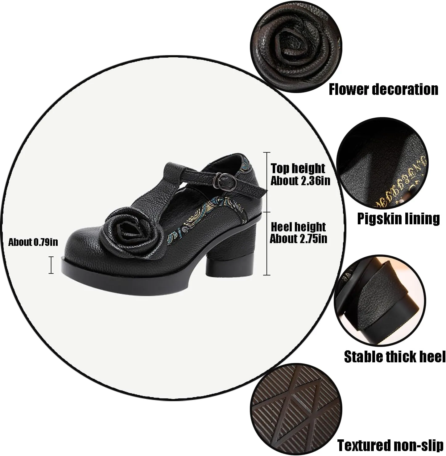 Women's Genuine Leather Mary Jane Chunky Heel Shoes Classic Round Toe Flowers T Strap Mid Block Heel Dress Pumps Grace Party Wedding Bridal Shoes