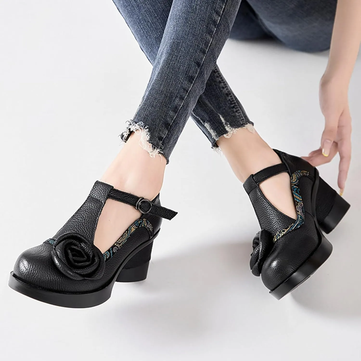 Women's Genuine Leather Mary Jane Chunky Heel Shoes Classic Round Toe Flowers T Strap Mid Block Heel Dress Pumps Grace Party Wedding Bridal Shoes