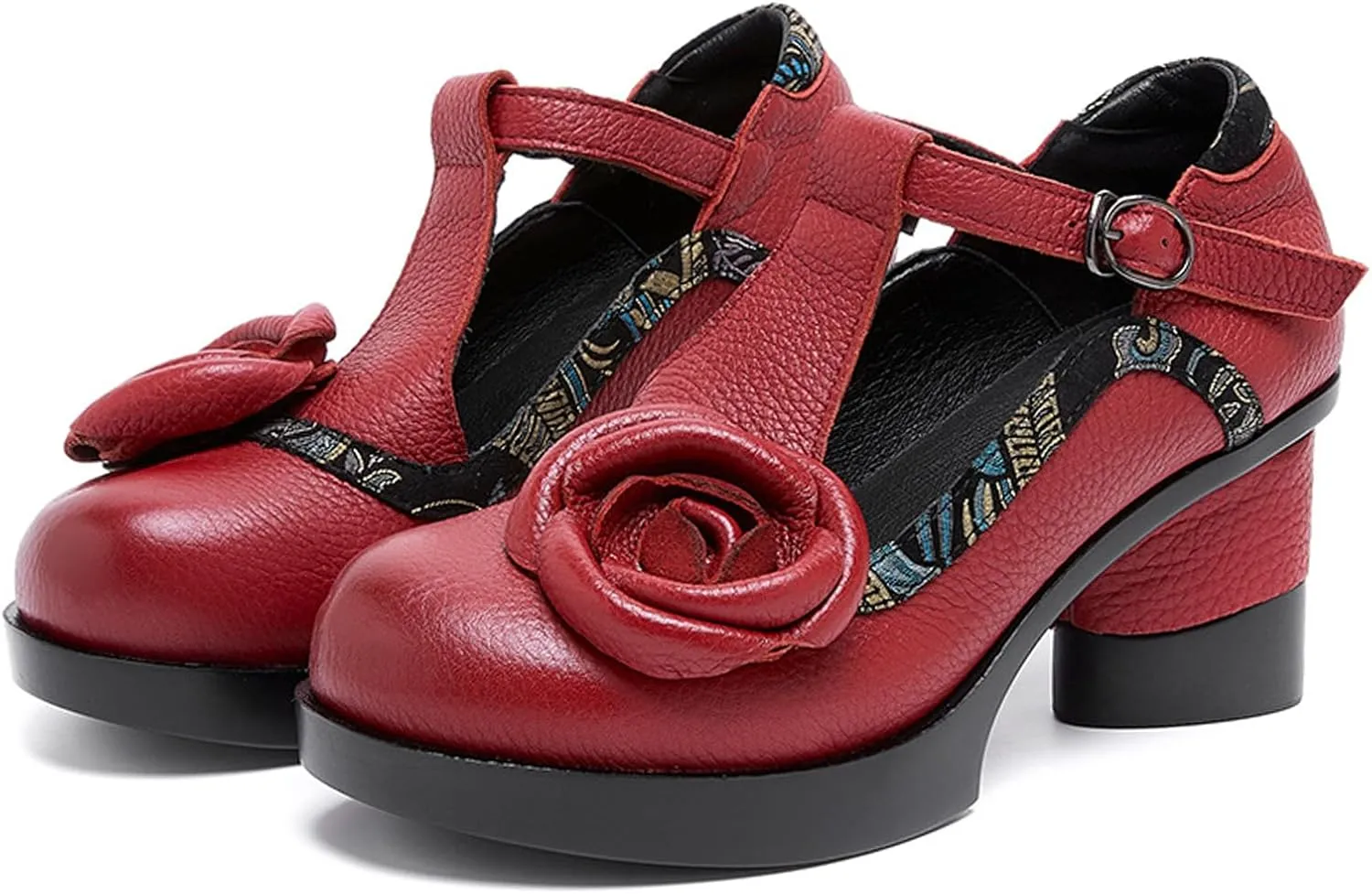 Women's Genuine Leather Mary Jane Chunky Heel Shoes Classic Round Toe Flowers T Strap Mid Block Heel Dress Pumps Grace Party Wedding Bridal Shoes