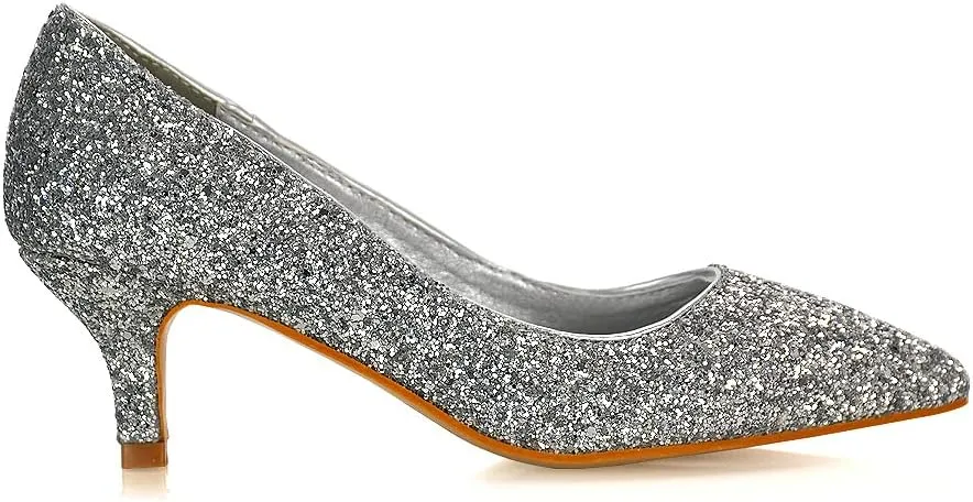 Womens Glitter Pointed Shoes Ladies Slip On Low Heel Party Courts Pumps Size 3-8