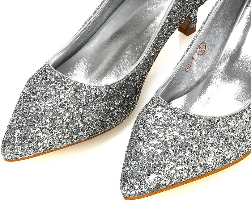 Womens Glitter Pointed Shoes Ladies Slip On Low Heel Party Courts Pumps Size 3-8