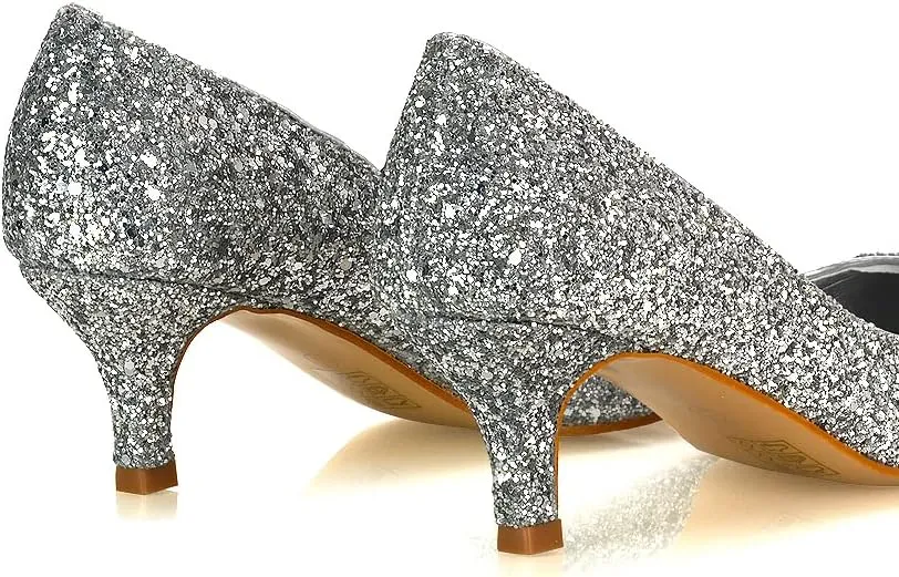 Womens Glitter Pointed Shoes Ladies Slip On Low Heel Party Courts Pumps Size 3-8