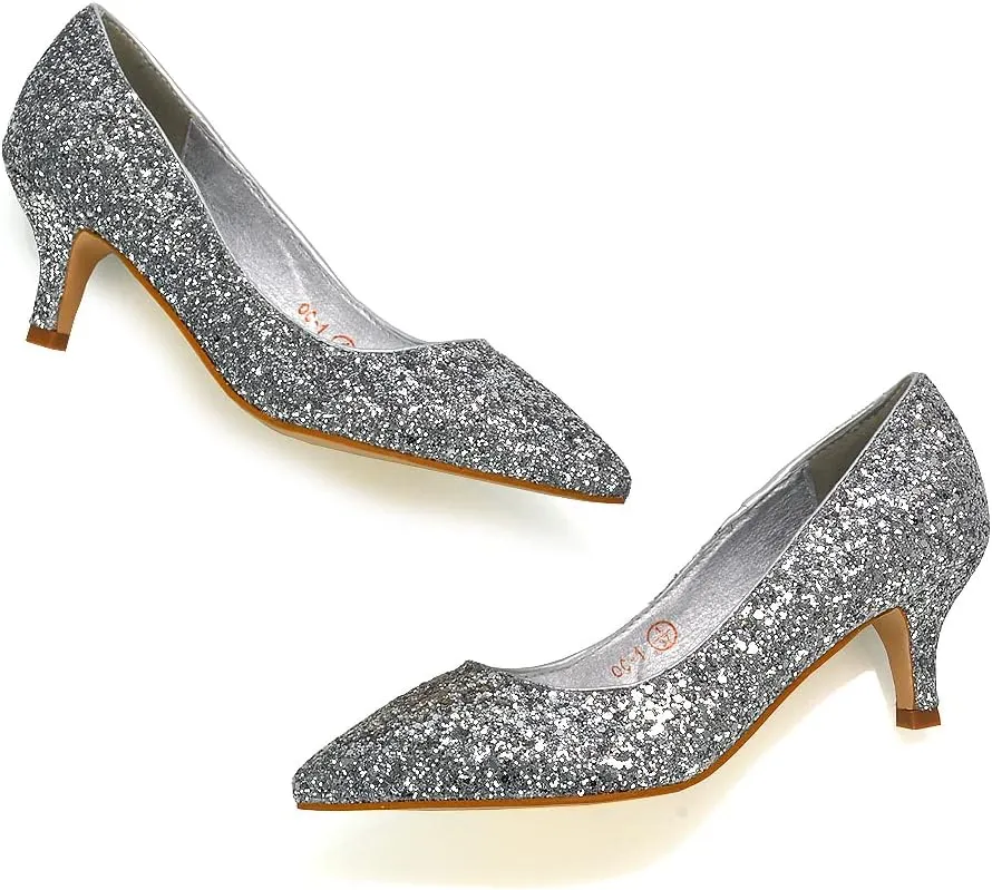 Womens Glitter Pointed Shoes Ladies Slip On Low Heel Party Courts Pumps Size 3-8