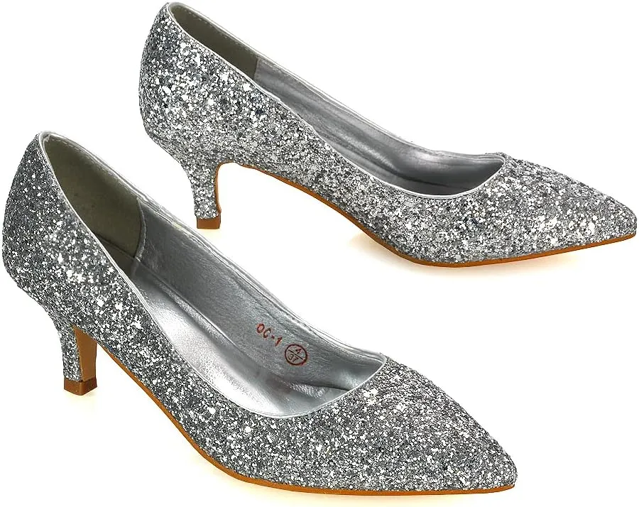 Womens Glitter Pointed Shoes Ladies Slip On Low Heel Party Courts Pumps Size 3-8