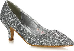 Womens Glitter Pointed Shoes Ladies Slip On Low Heel Party Courts Pumps Size 3-8