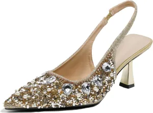 Women's Glitter Rhinestones Leather Slingback Pumps Fashion Comfort Pointed Closed Toe Slip On Kitten High Heels Party Wedding Dressy Shoes