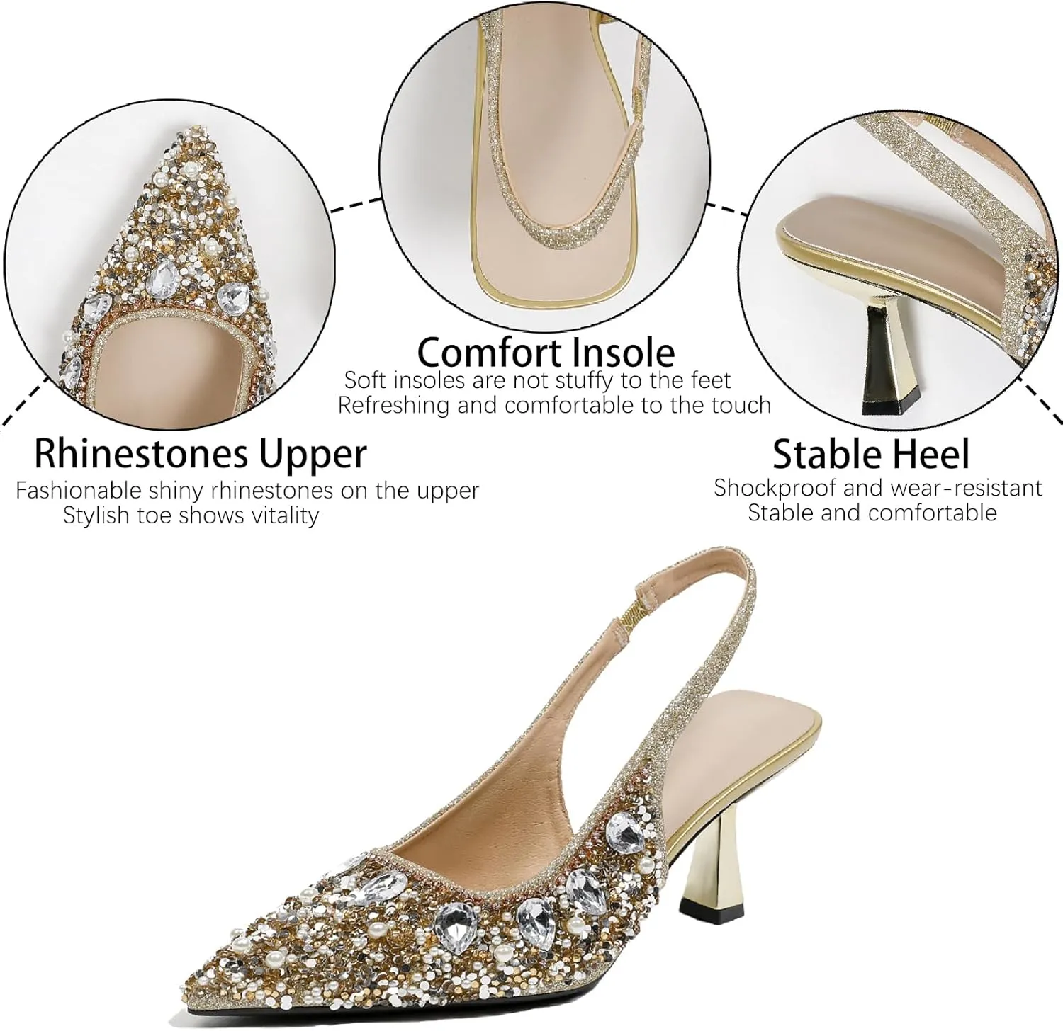 Women's Glitter Rhinestones Leather Slingback Pumps Fashion Comfort Pointed Closed Toe Slip On Kitten High Heels Party Wedding Dressy Shoes