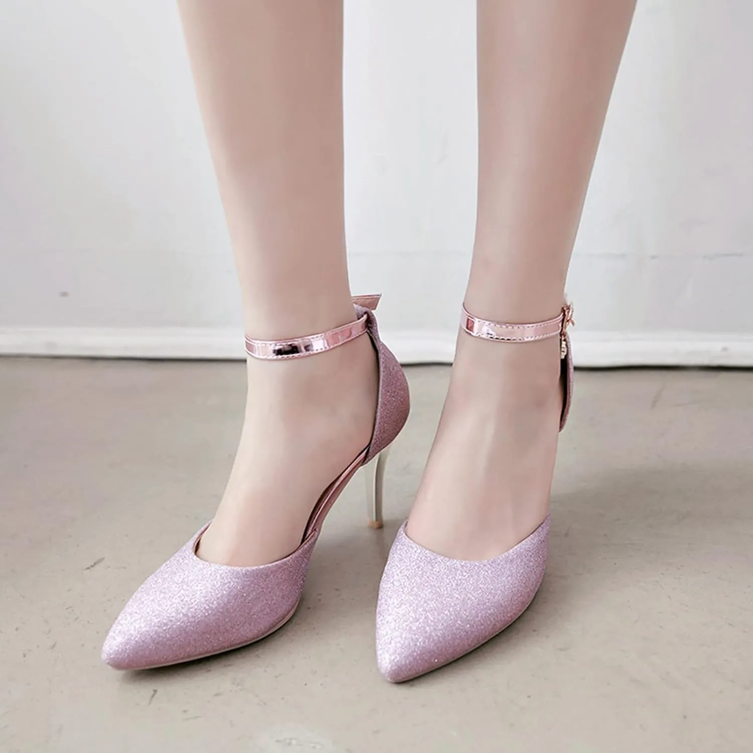 Women's Glitter Stiletto High Heel Pumps Bling Ankle Strap Pointed Toe Bride Dress Wedding Party Shoes