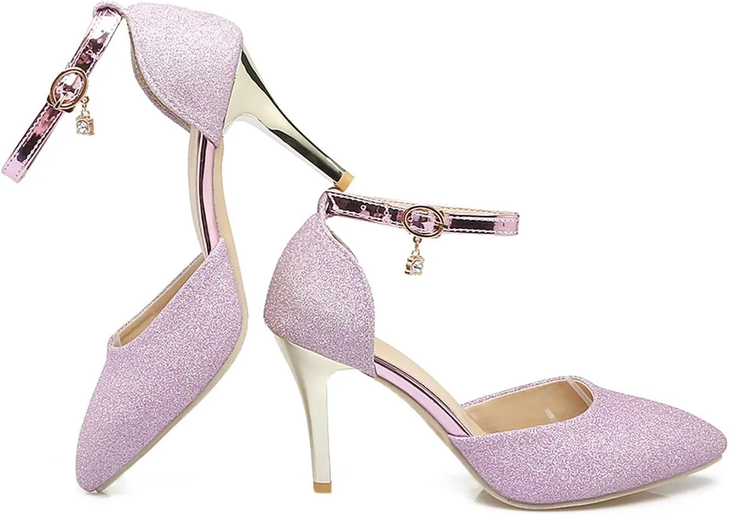 Women's Glitter Stiletto High Heel Pumps Bling Ankle Strap Pointed Toe Bride Dress Wedding Party Shoes