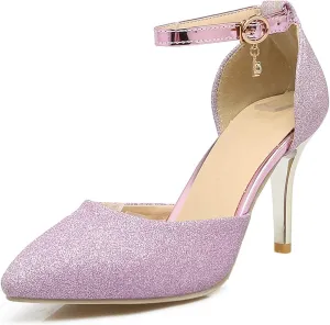 Women's Glitter Stiletto High Heel Pumps Bling Ankle Strap Pointed Toe Bride Dress Wedding Party Shoes