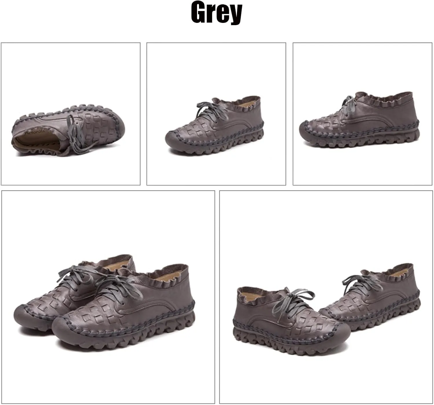 Women's Hand Stitching Lace-up Flat Loafers,Comfortable Classic Woven SOFE Leather Round Toe Non-Slip Breathable Mom Shoes Leisure Walk Soft Sole Driving Shoes