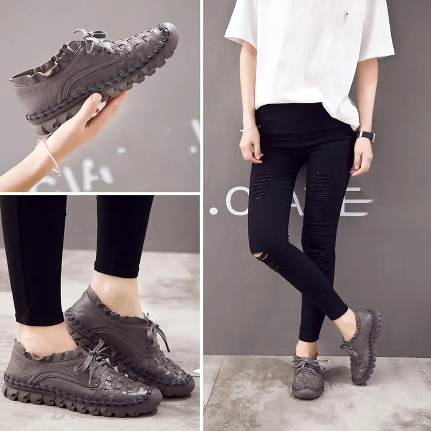 Women's Hand Stitching Lace-up Flat Loafers,Comfortable Classic Woven SOFE Leather Round Toe Non-Slip Breathable Mom Shoes Leisure Walk Soft Sole Driving Shoes