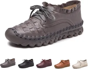 Women's Hand Stitching Lace-up Flat Loafers,Comfortable Classic Woven SOFE Leather Round Toe Non-Slip Breathable Mom Shoes Leisure Walk Soft Sole Driving Shoes