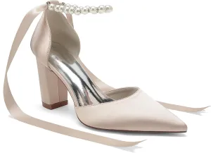 Women's High Chunky Closed Toe High Heels Block Heel Pearl Elegant Wedding Shoes Prom Evening Party Dress Pumps Shoes
