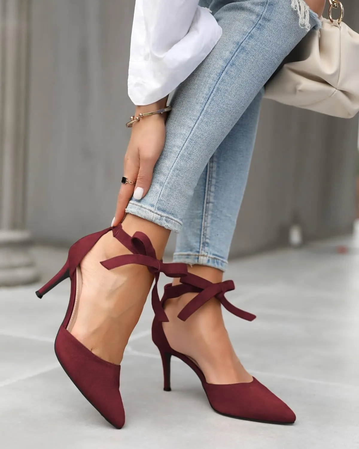 Womens High Heel Pointed Toe Pumps Ankle Tie Classic Office Special Dress Party Shoes