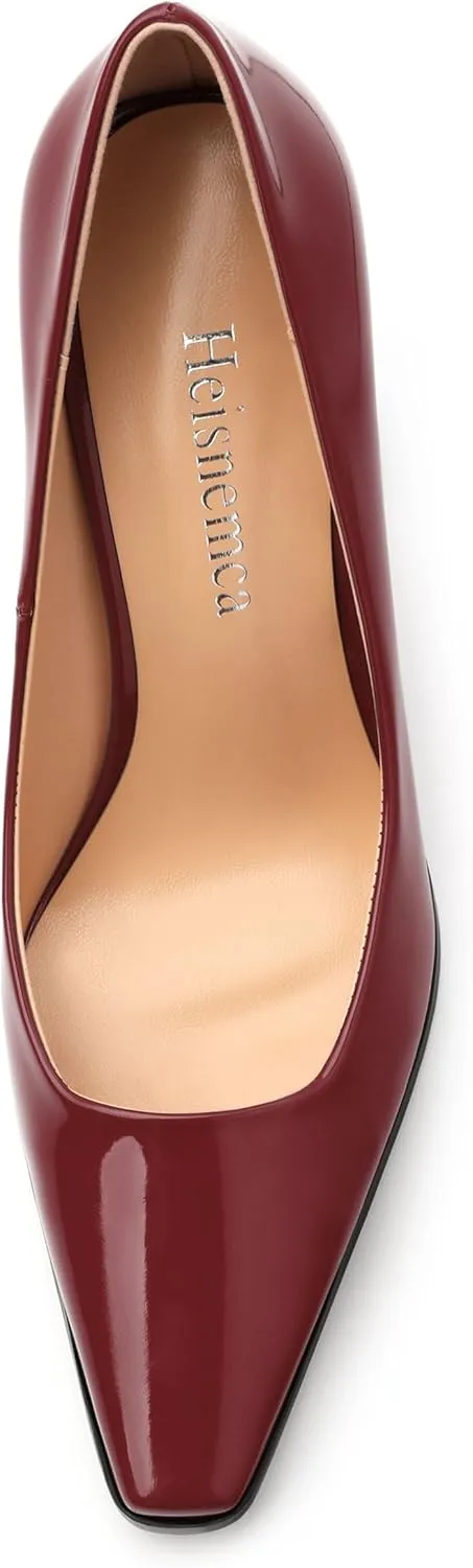Womens High Heels,Patent Closed Square Toe Slip on Chunky Block Pumps,Elegant Heels,Daily Wedding Party Dress Shoes 3.5IN