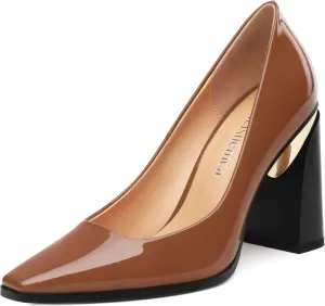Womens High Heels,Patent Closed Square Toe Slip on Chunky Block Pumps,Elegant Heels,Daily Wedding Party Dress Shoes 3.5IN