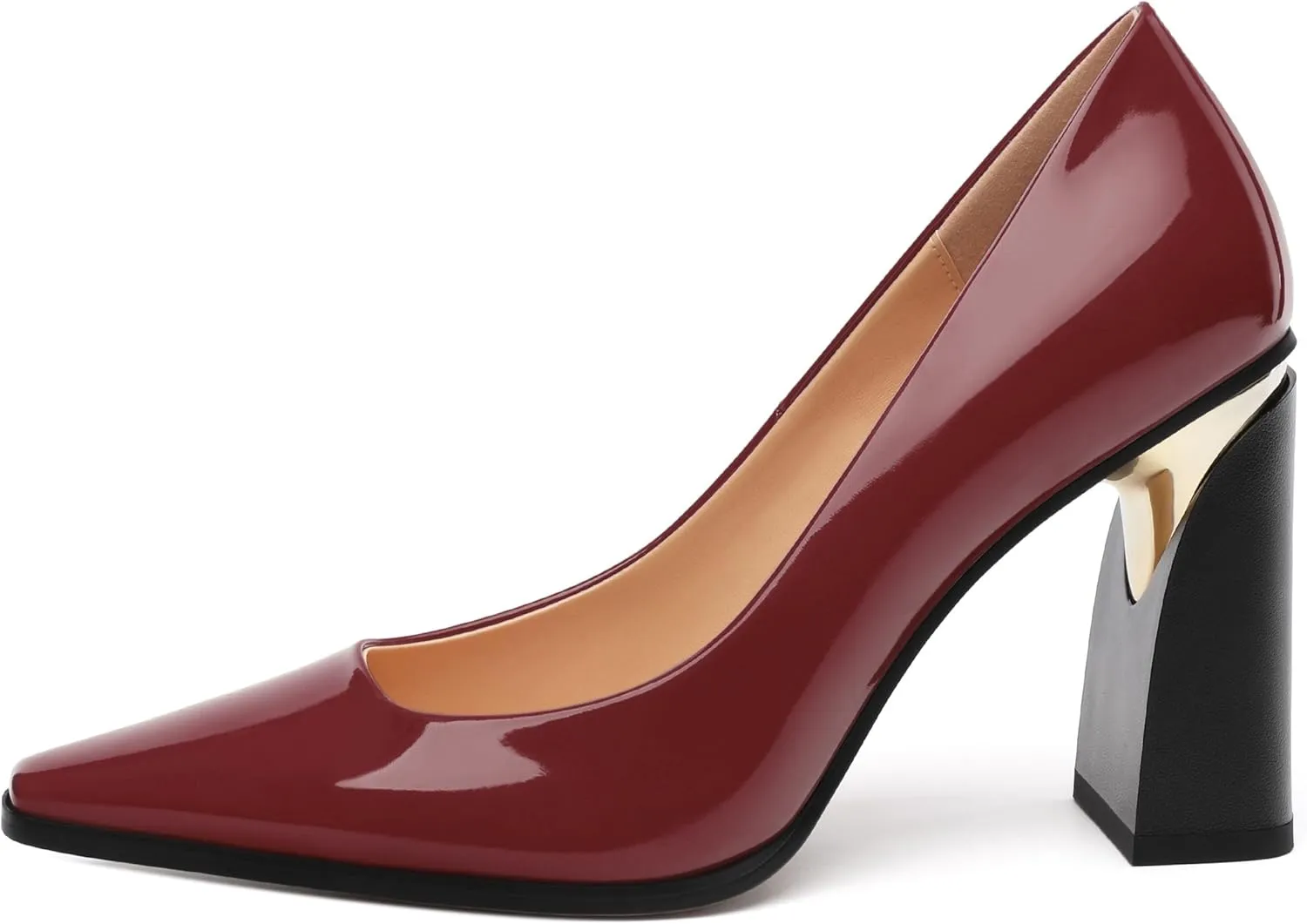 Womens High Heels,Patent Closed Square Toe Slip on Chunky Block Pumps,Elegant Heels,Daily Wedding Party Dress Shoes 3.5IN