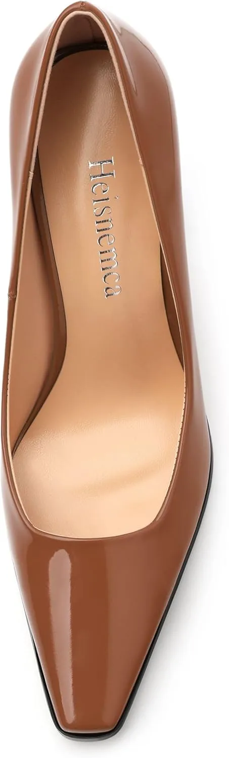 Womens High Heels,Patent Closed Square Toe Slip on Chunky Block Pumps,Elegant Heels,Daily Wedding Party Dress Shoes 3.5IN