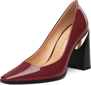 Womens High Heels,Patent Closed Square Toe Slip on Chunky Block Pumps,Elegant Heels,Daily Wedding Party Dress Shoes 3.5IN