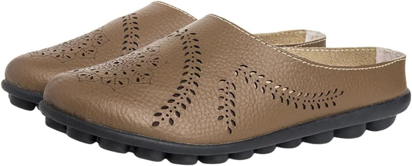 Womens Hollow Out Breathable Mule Sandals Casual Comfortable Closed Toe Sandals Flats Softsole Lightweight Leather Loafer Slippers