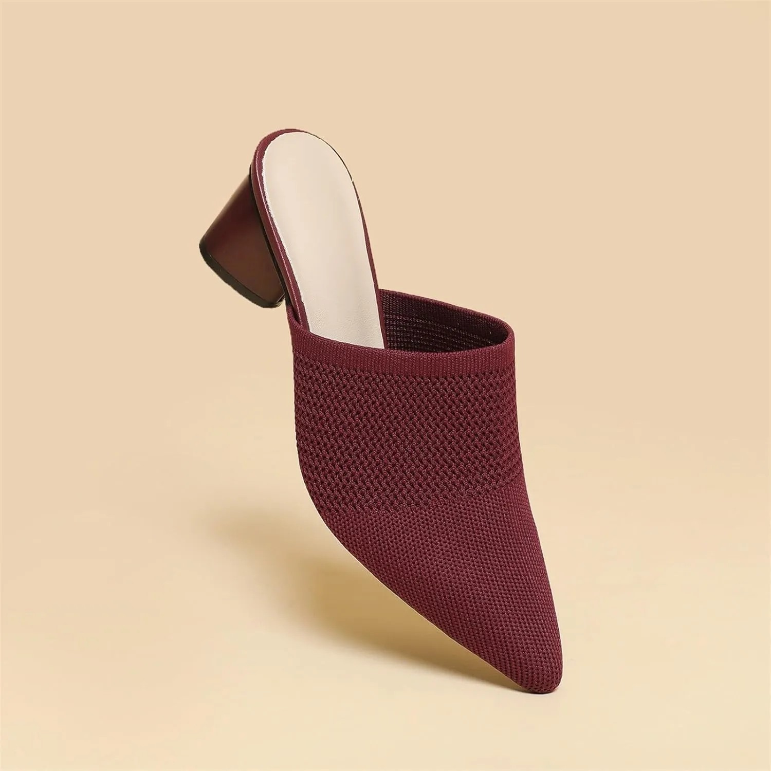 Women’s Knit Closed Pointed Toe Chunky Heel Mules Fashion Mesh Breathable Low Block Heel Pump Sandals Comfortable Slip On Dress Party Shoes